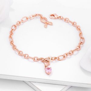 Rose Gold Plated Breast Cancer Awareness Ribbon and Heart Charm Bracelet - Image 2