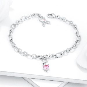 Breast Cancer Awareness Ribbon and Heart Charm Bracelet - Image 2