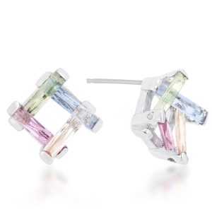 Myra 10ct Multicolor CZ Rhodium Stud Earrings - Image 2