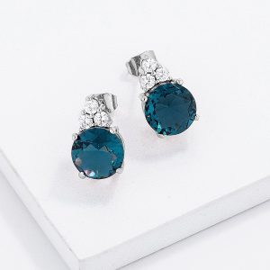 Simple Rhodium Plated 9mm Blue Green CZ Stud Earring - Image 2