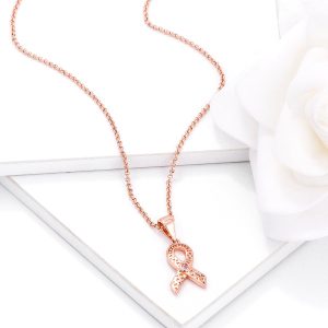 18k Rose Gold Plated Heart Filigree Breast Cancer Awareness Ribbon Pendant - Image 2
