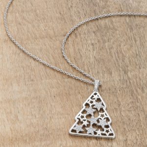 .2 ct CZ Rhodium Christmas Tree With Mixed Stars Pave Holiday Pendant - Image 4