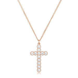 Micro Beaded Rose Gold Plated Clear CZ Cross Pendant - Image 2