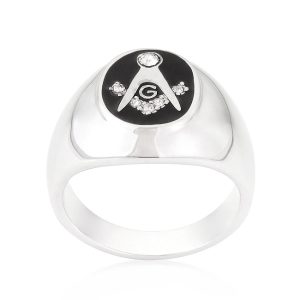 Rhodium Plated Onyx Cubic Zirconia Masonic Ring - Image 2