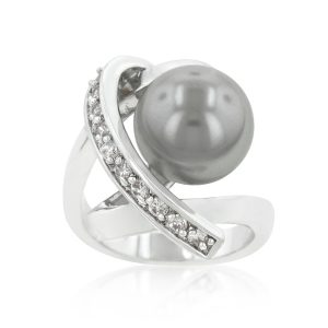 Rhodium Plated Knotted Simulated Pearl Ring - Image 2