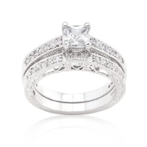 Princess Cut Filigree Bridal Ring Set - Image 2