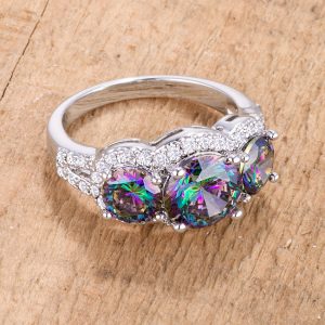 4 Ct Three Stone Rhodium Ring with Mystic and Clear CZ - Image 2