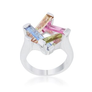 Myra Ring 10ct Multicolor CZ Rhodium Cocktail Ring - Image 2