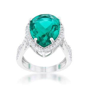 Laura 9.9ct Blue Green CZ Rhodium Classic Teardrop Ring - Image 2