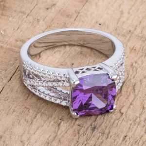 3Ct Elegant Silvertone Criss-Cross Amethyst Purple CZ Engagement Ring - Image 2