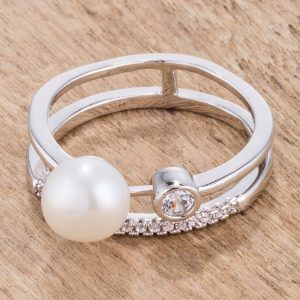 .15Ct Rhodium Plated CZ and Freshwater Pearl Contemporary Double Band Ring - Image 2