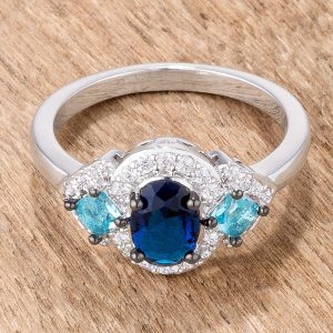 1.3Ct Rhodium and Hematite Plated Shades of Blue CZ Three Stone Engagement Ring - Image 2