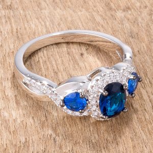 1.43Ct Rhodium & Hematite Plated Sapphire Blue & Clear CZ Three Stone Twisted  Ring - Image 2